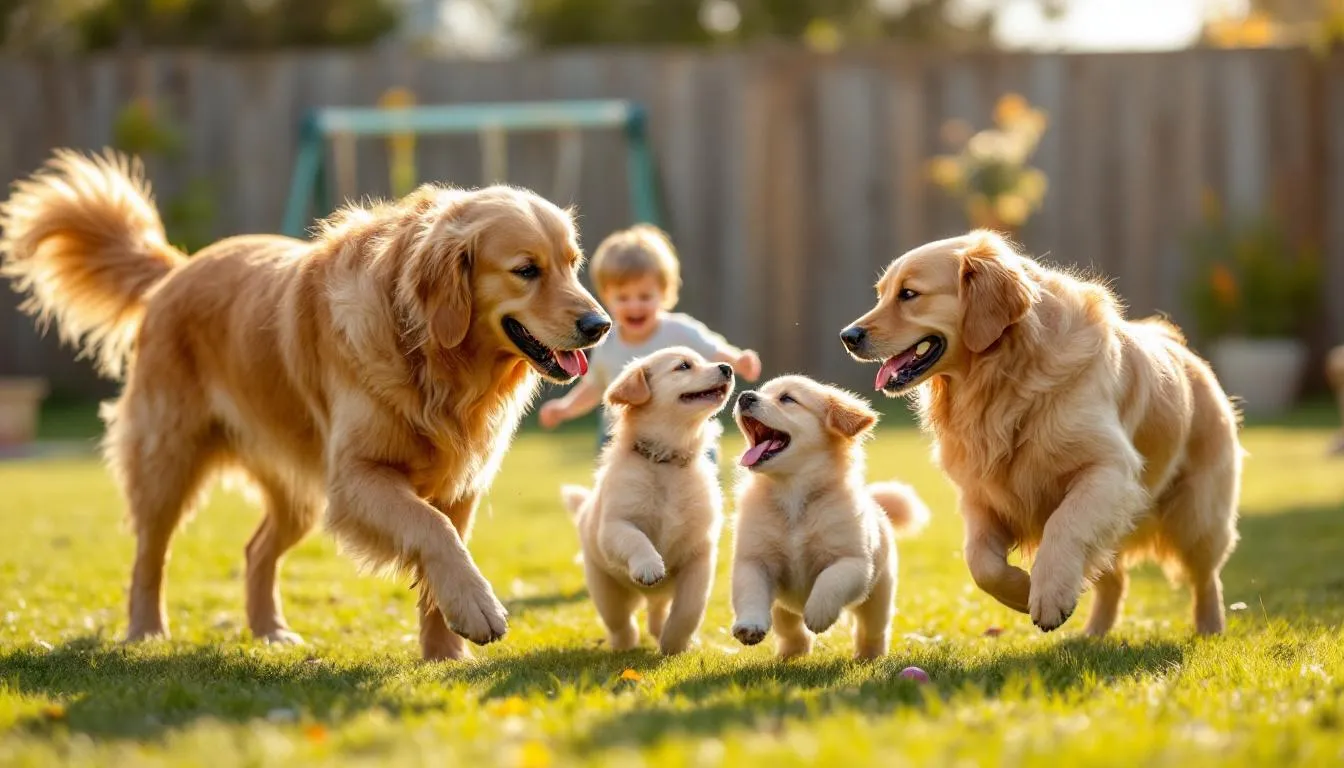 In the image, a joyful family is playing in their backyard with two golden retrievers, showcasing the breed