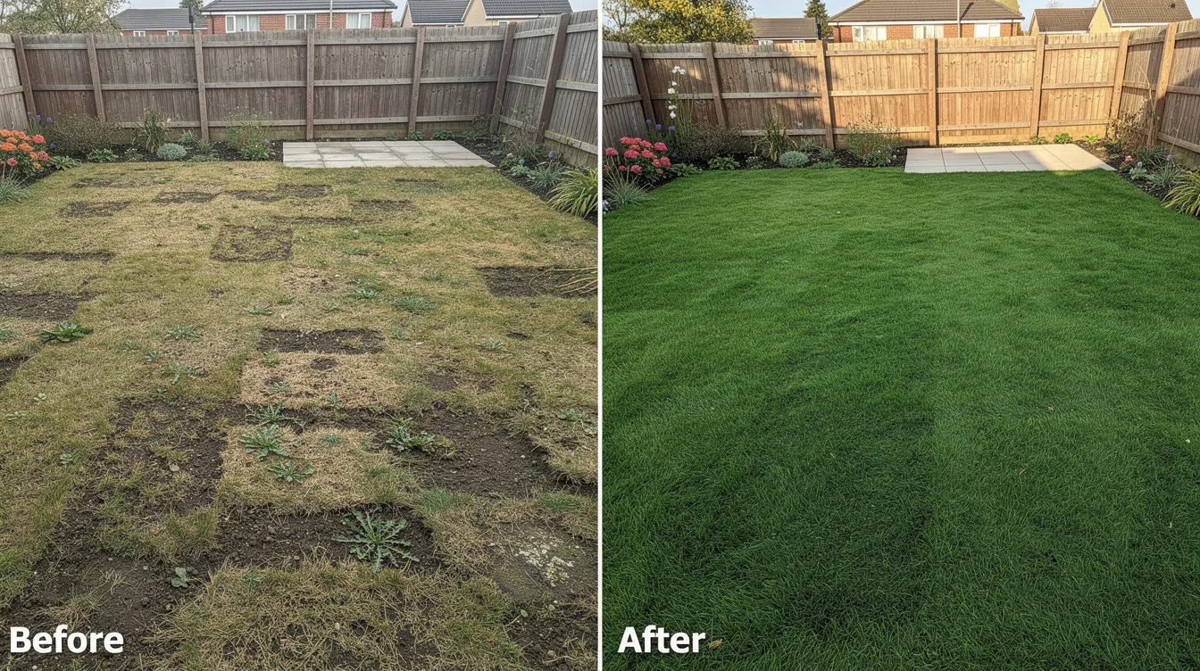 The image shows a before and after comparison of a UK lawn, where a patchy lawn with brown patches and bare areas has been transformed into a lush green carpet of newly sown grass. The vibrant grass plants now cover the entire lawn, showcasing the effective use of grass seed and proper lawn care techniques.