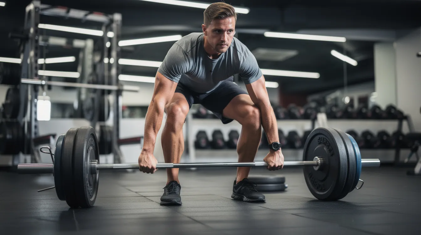 Een persoon voert een barbell deadlift uit in een sportschool, waarbij de focus ligt op het opbouwen van spiermassa en het behouden van een gezond lichaamsgewicht. Deze zware krachttraining helpt bij het creëren van een calorietekort, wat essentieel is voor vetverlies en het verlagen van het vetpercentage.