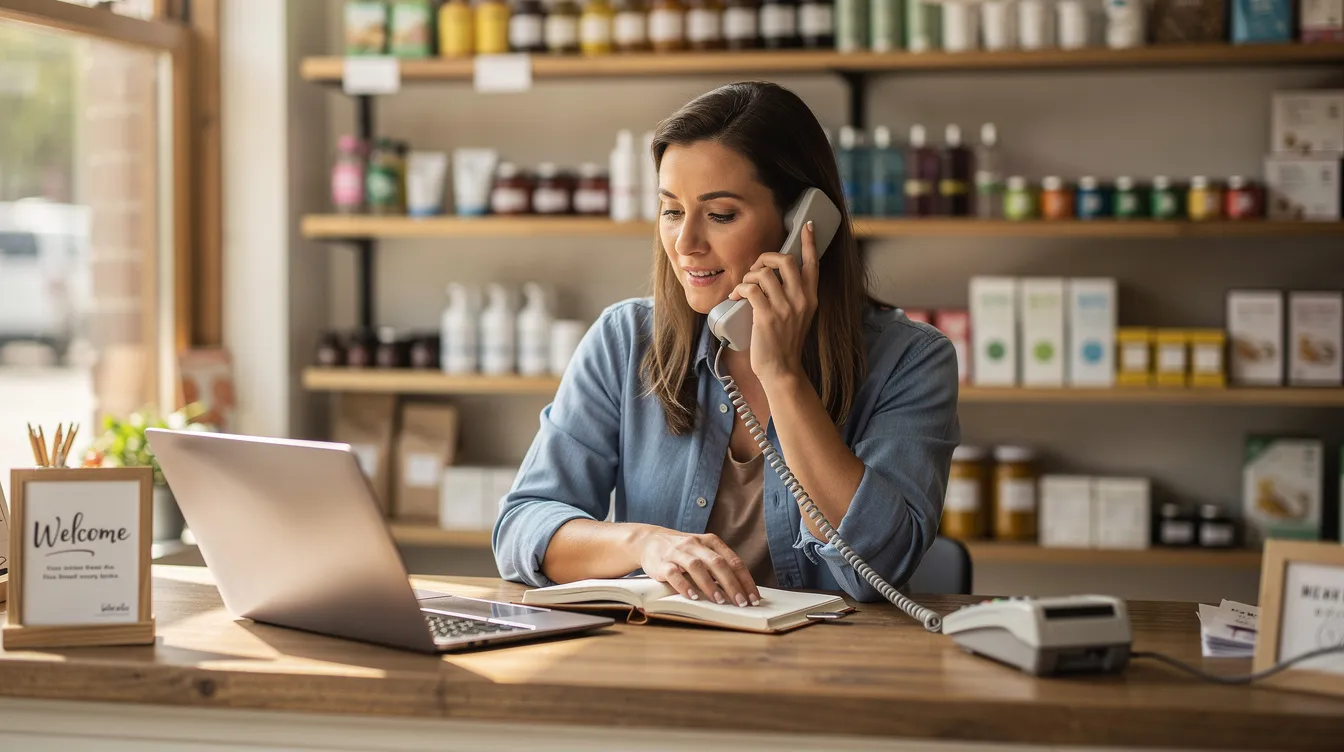ab24bae2 8da7 4150 94cc 7d7456d099ce A small business owner is seated at a shop counter, engaged in a phone call, likely discussing details related to mudra loans or funding options for business enterprises. The setting reflects a bustling environment, emphasizing the importance of communication in managing loan applications and the necessary documents for small finance banks.