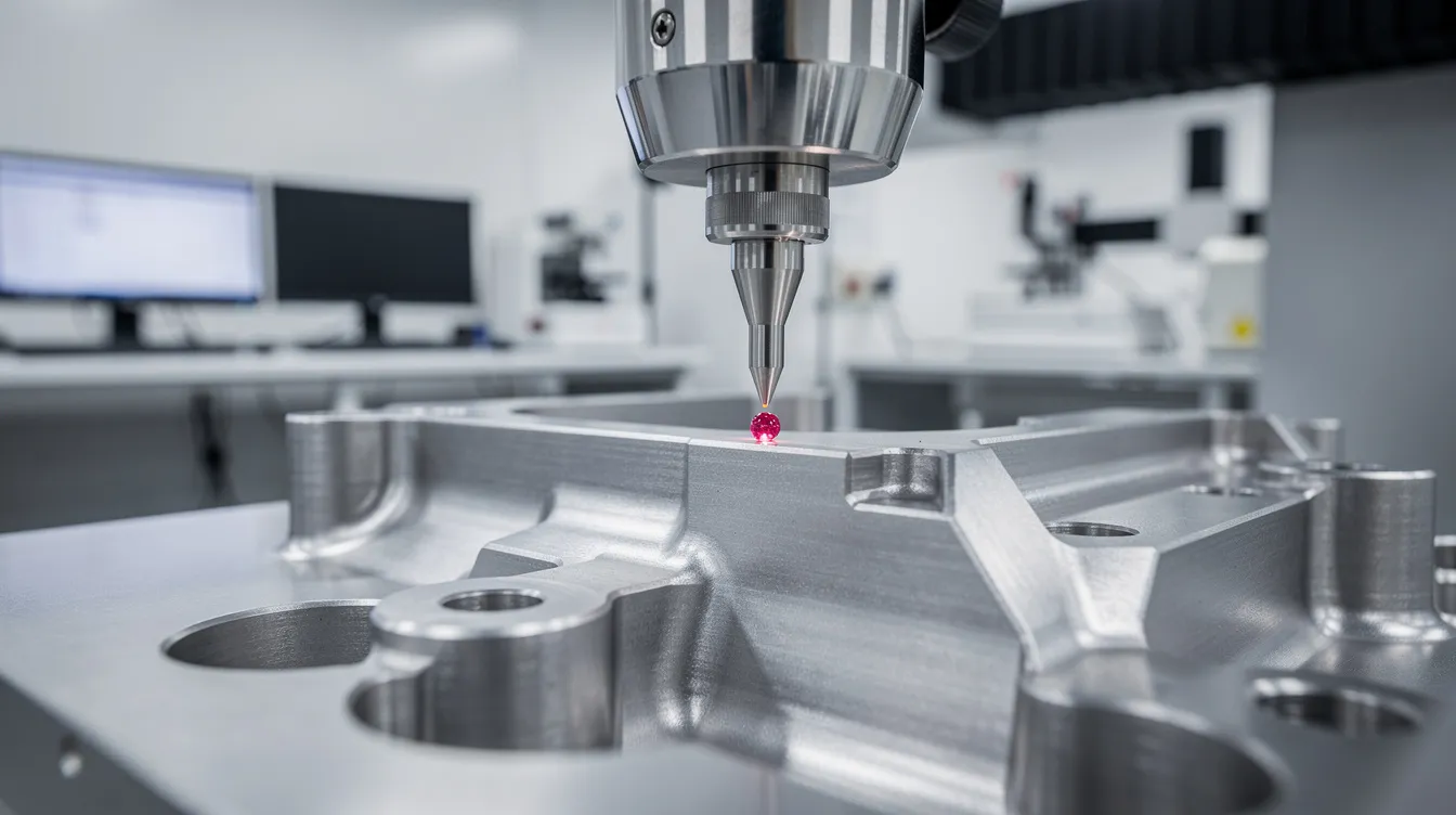 A close-up view of a coordinate measuring machine probe gently touching a precision machined metal part in an inspection lab, showcasing the meticulous quality control processes employed by CNC machining companies. The image highlights the advanced equipment used for high precision CNC machining and the importance of tight tolerances in manufacturing.