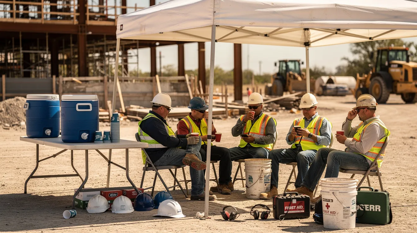 A group of skilled construction workers are resting under a large shade tent at a job site, surrounded by water coolers and safety equipment, highlighting the importance of hydration and safety in the construction industry. This scene emphasizes the need for proper training programs and resources to support workers' well-being and productivity levels on construction projects.