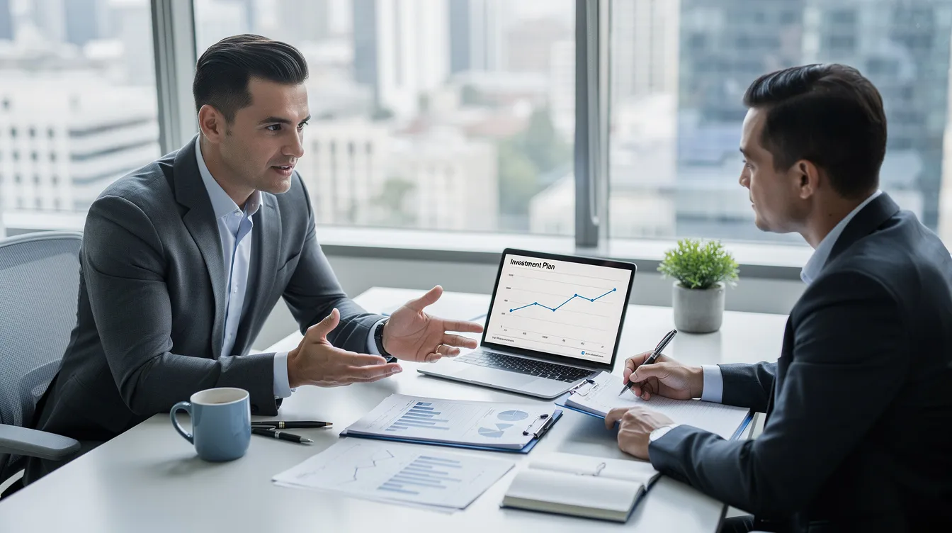 The image depicts a professional financial advisor engaged in a discussion with a client at a desk, emphasizing the importance of retirement planning and investment strategies, including options like a Roth Gold IRA and other precious metals. The advisor is likely explaining the benefits of holding physical gold and the tax advantages of various retirement accounts.