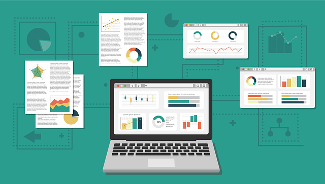 Illustration of a laptop with charts and graphs on and around it