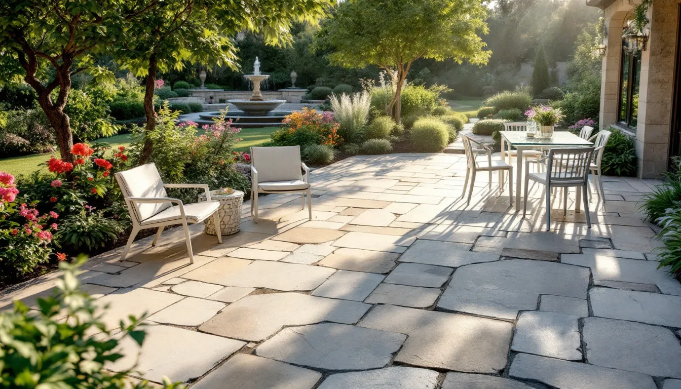 A beautiful natural stone patio featuring elegant outdoor furniture is set within a lush garden, showcasing an extensive range of paving options, including durable slate and sandstone slabs. The inviting outdoor space combines functionality with aesthetic appeal, perfect for relaxation and entertaining.