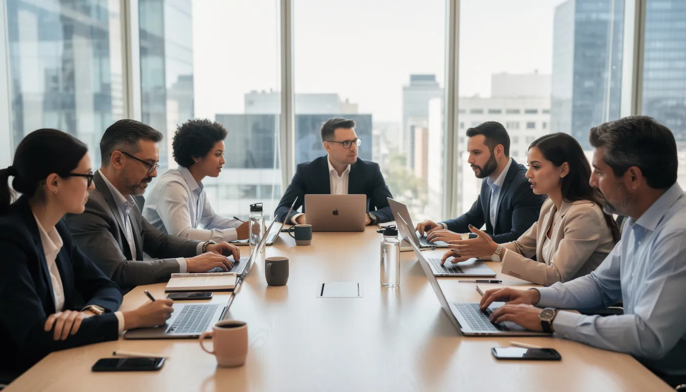 Un equipo de profesionales se encuentra reunido alrededor de una mesa, cada uno con su laptop, discutiendo un proyecto relacionado con la inteligencia artificial y el desarrollo de chatbots. La conversación se centra en cómo mejorar la experiencia de los usuarios a través del procesamiento del lenguaje natural y la interacción en redes sociales.