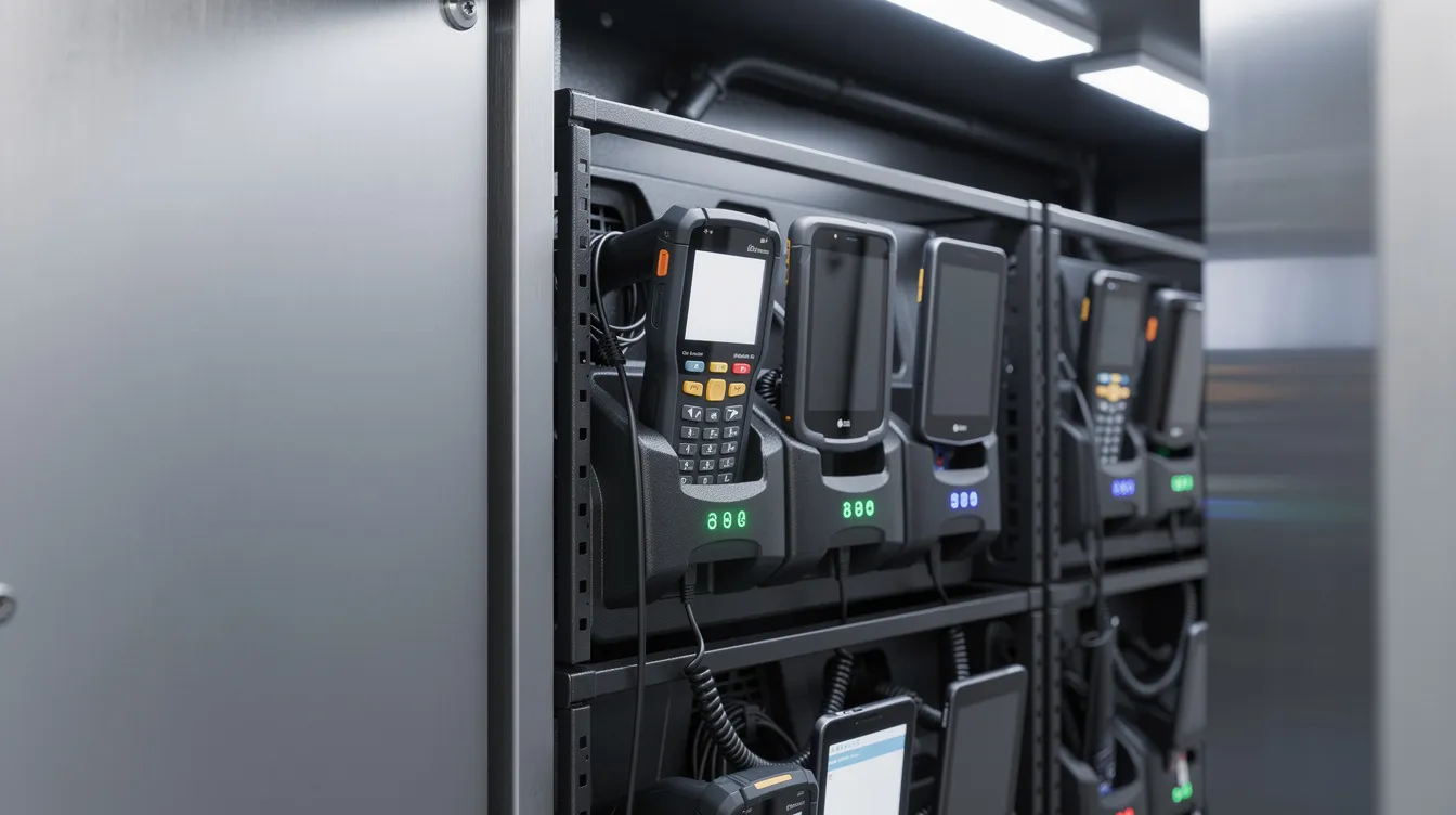 The image shows a close-up view of charging bays within an industrial smart locker system, featuring handheld scanners and tablets securely plugged into charging cradles. This setup enhances operational efficiency and asset management by providing secure storage and real-time data tracking for shared equipment.