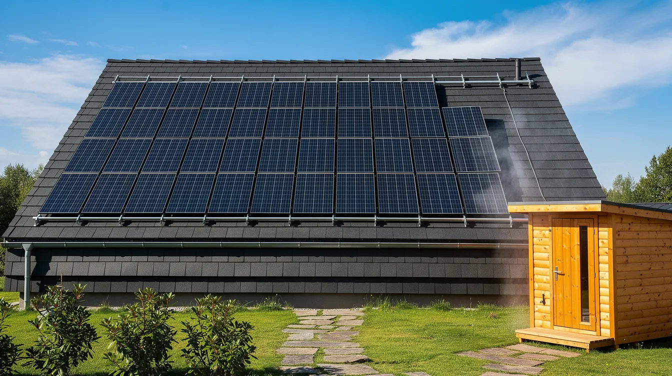 The image depicts solar panels installed on a residential roof, adjacent to an outdoor sauna structure. This energy-efficient setup highlights the integration of renewable energy sources, which can help reduce the sauna's energy consumption and electricity costs during regular use.