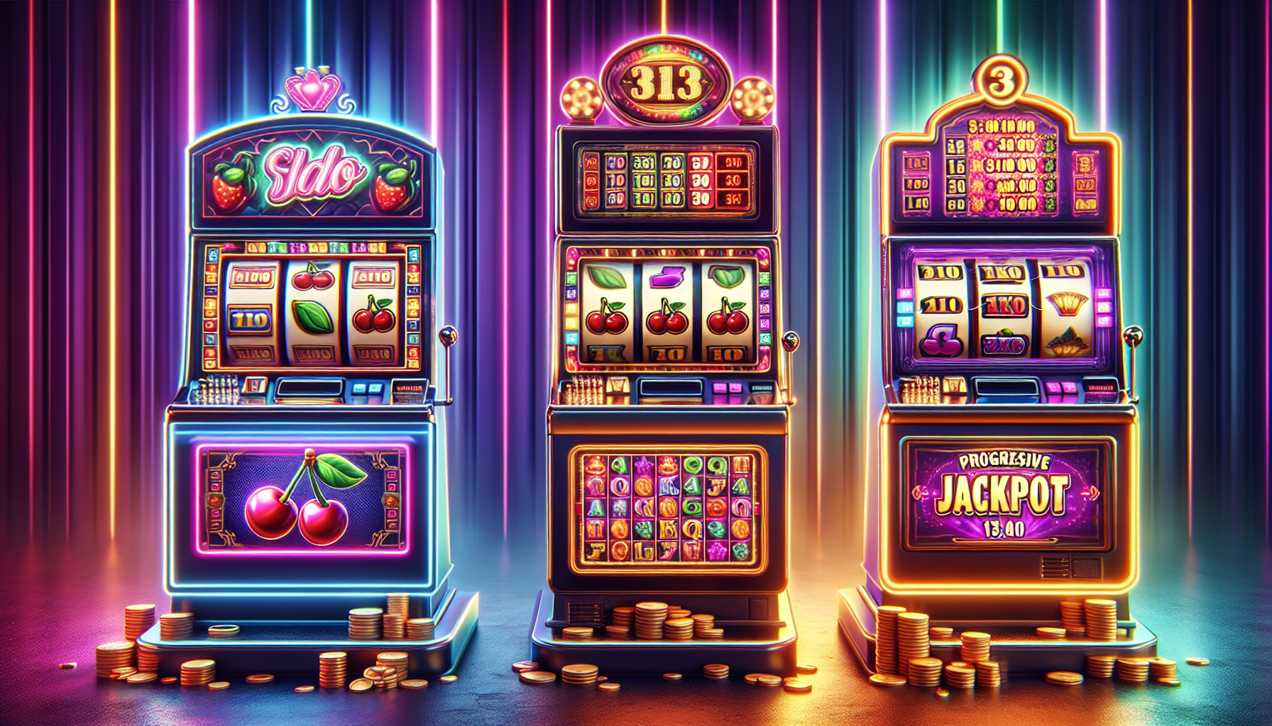Illustration of various types of online slots including classic three-reel slots, video slots, and progressive jackpot slots