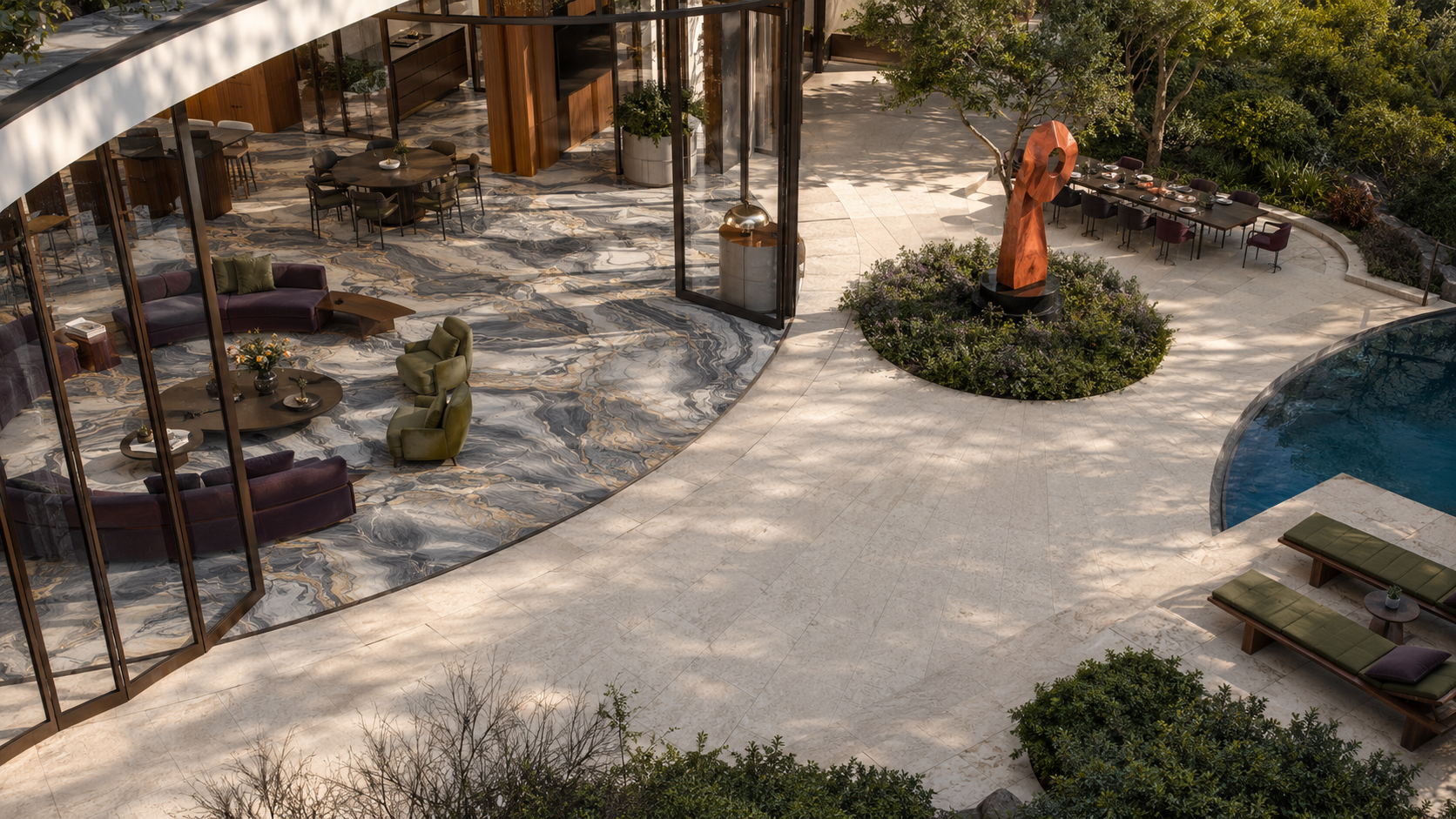 Large-format Cavastone tile connecting a luxury interior with multiple outdoor living areas.