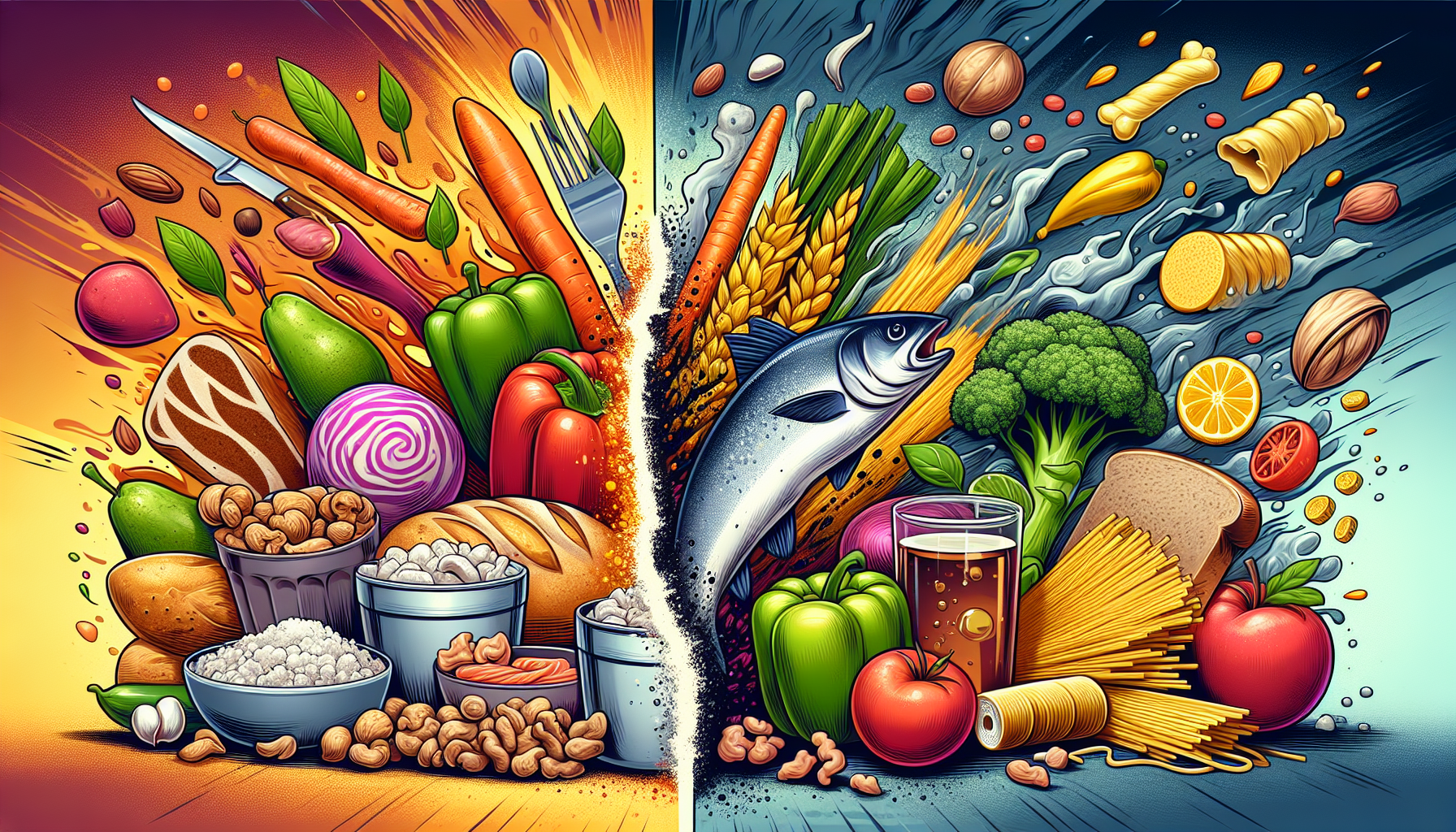 Cartoon illustration of keto-friendly foods and high-carb foods to avoid