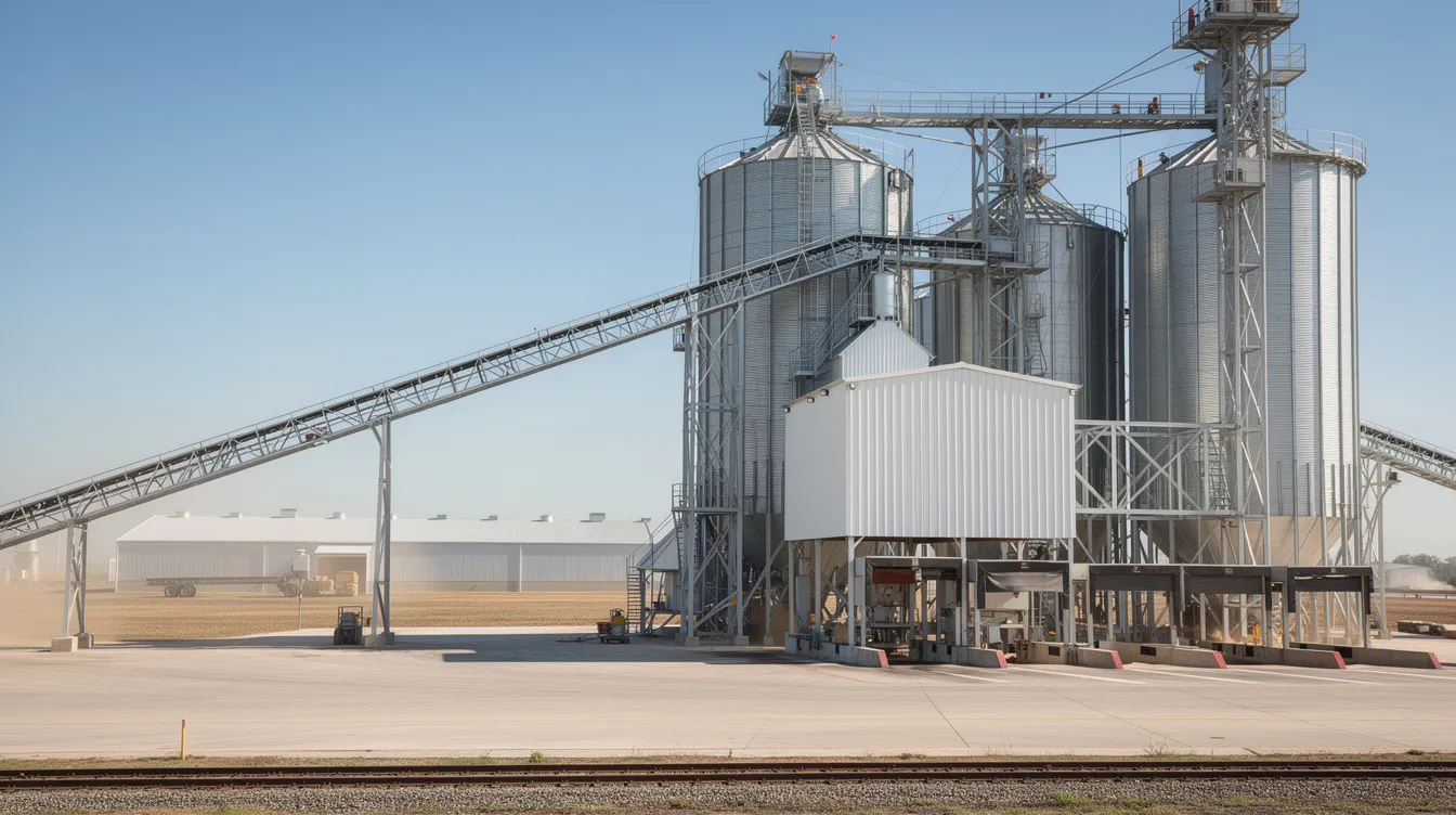 The image depicts a large industrial soybean processing facility featuring towering silos, extensive conveyor belts, and various storage buildings, showcasing the plant's capacity for oil extraction and processing efficiency. This facility is essential for the production of soybean oil and meal, contributing to the steady supply of raw materials for various industries.