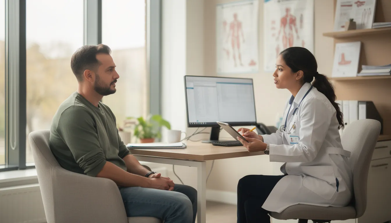 The image depicts a patient engaged in a conversation with a healthcare provider in a medical office, discussing various health topics, including dietary and herbal supplements. The setting emphasizes the importance of complementary and integrative health approaches, as they explore the potential benefits and safety concerns of herbal products and their interactions with medications.