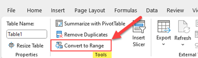 Click Convert to Range in the Tools group