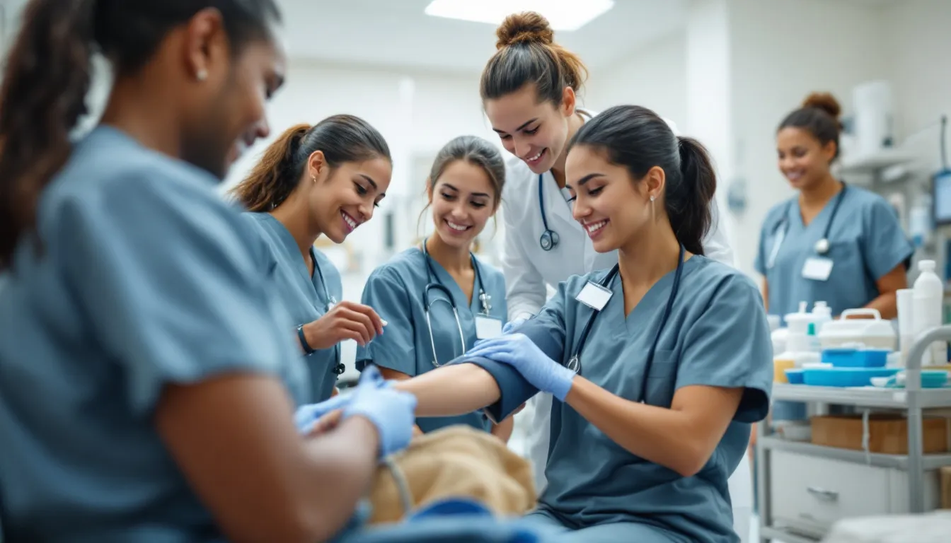 In a clinical setting, students are seen providing basic care to patients under the supervision of experienced instructors, practicing essential skills for their future roles as certified nursing assistants. This hands-on experience is crucial for their training program, preparing them for the state certification exam and careers in healthcare.