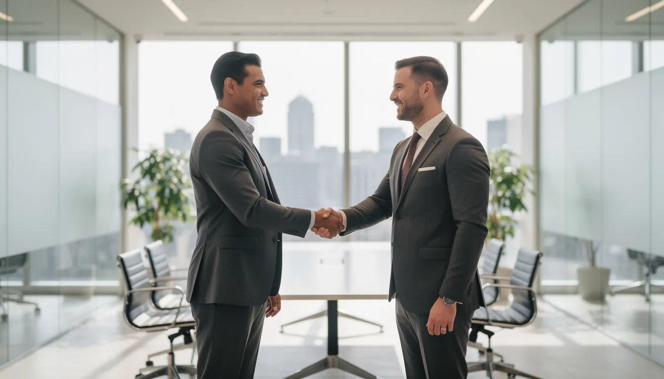 A professional handshake takes place in a modern office setting, symbolizing a partnership focused on wealth management for business owners. This image conveys the importance of collaboration in achieving personal and business financial goals through investment management services and strategic financial planning.
