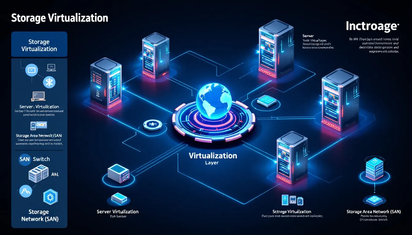 A diagram illustrating storage virtualization, showcasing centralized data management across multiple data centers.