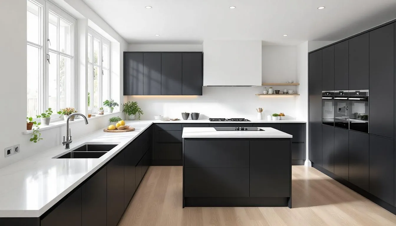 A modern kitchen showcases sleek Tricorn Black cabinets paired with pure white countertops, illuminated by abundant natural light. The space features a stylish kitchen island and barn doors, creating a contemporary yet inviting atmosphere.