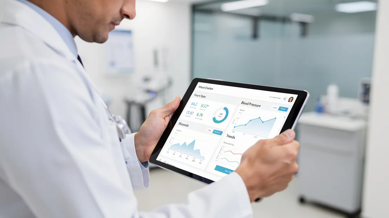 A person is intently reviewing health data on a tablet in a modern clinical environment, which emphasizes advanced therapies like plasma exchange therapy aimed at reversing aging and improving biological age. The setting suggests a focus on conducting clinical trials and research related to age-related diseases and cognitive function.