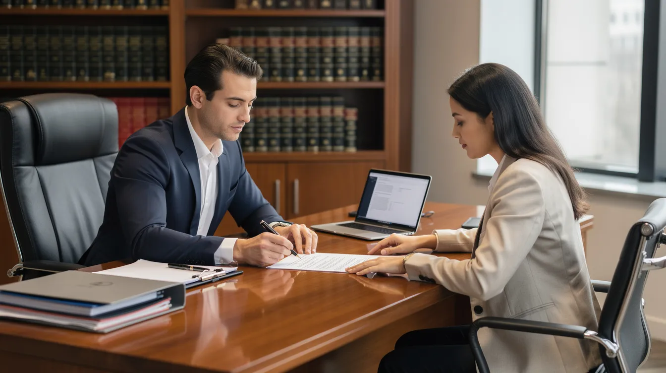 A lawyer and client are seated across from each other at a desk, reviewing lease agreements and insurance details related to a leased vehicle accident. The lawyer appears experienced, guiding the client through the claims process and discussing potential insurance payouts for property damage and medical bills.