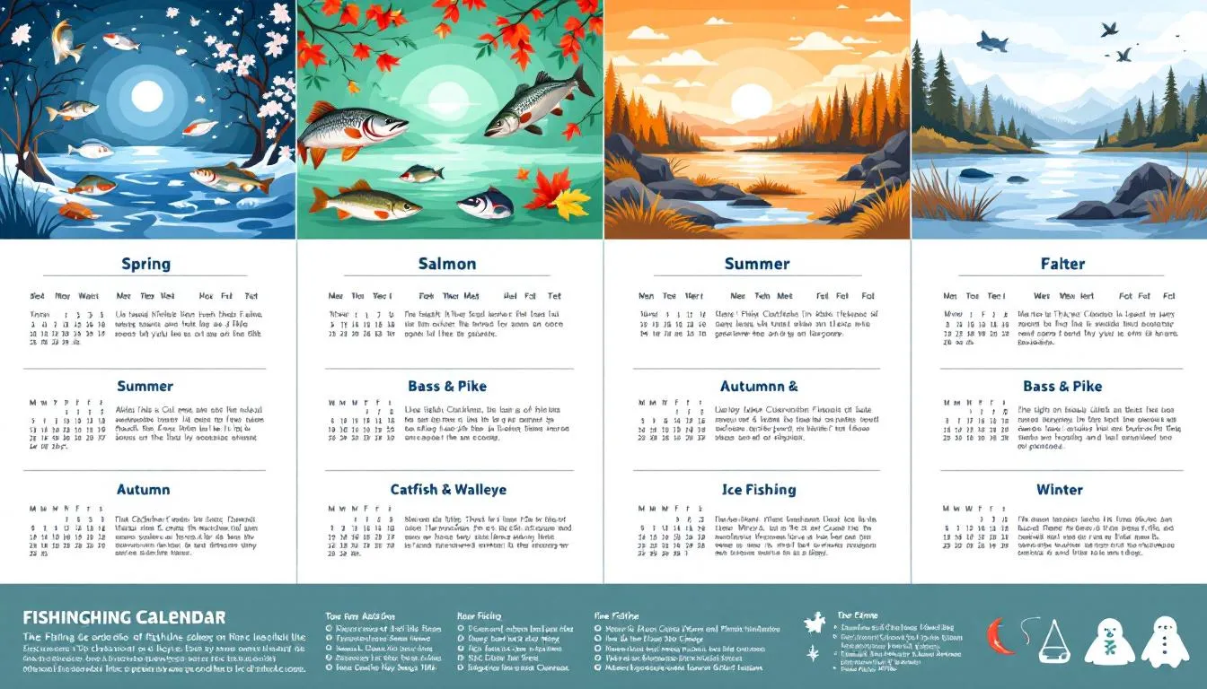 Na ilustracji znajduje się kalendarz tarła ryb, przedstawiający różne gatunki ryb oraz ich okresy tarłowe podzielone na pory roku. Widać na nim informacje o czasie tarła, warunkach, takich jak temperatura wody oraz roślinność podwodna, które są kluczowe dla rozrodu ryb słodkowodnych i morskich.