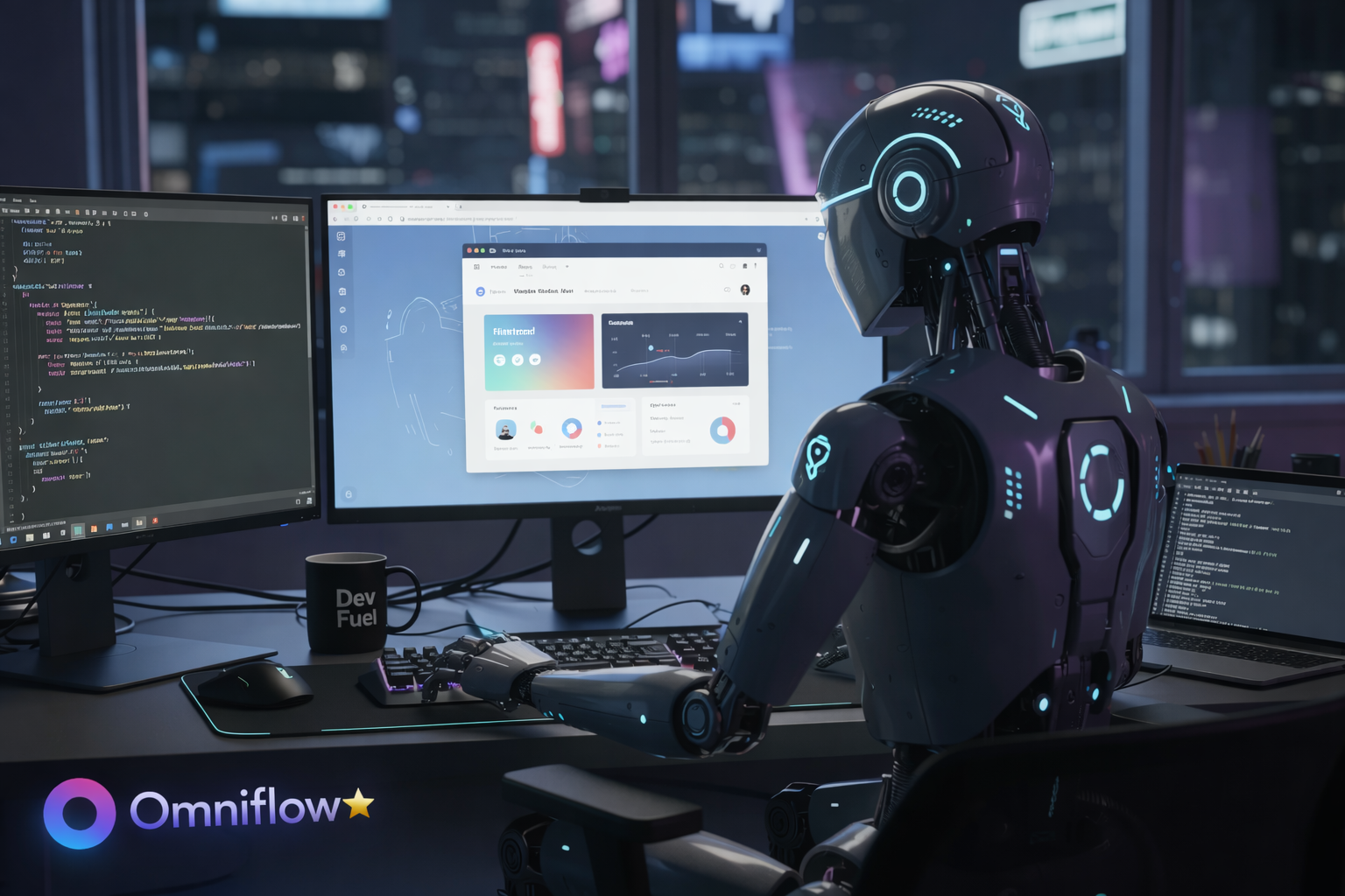 An AI robot is depicted in the process of building a web app, utilizing a drag and drop interface to create a modern no code app. The scene highlights the robot's advanced features, showcasing its ability to develop complex web apps effortlessly.