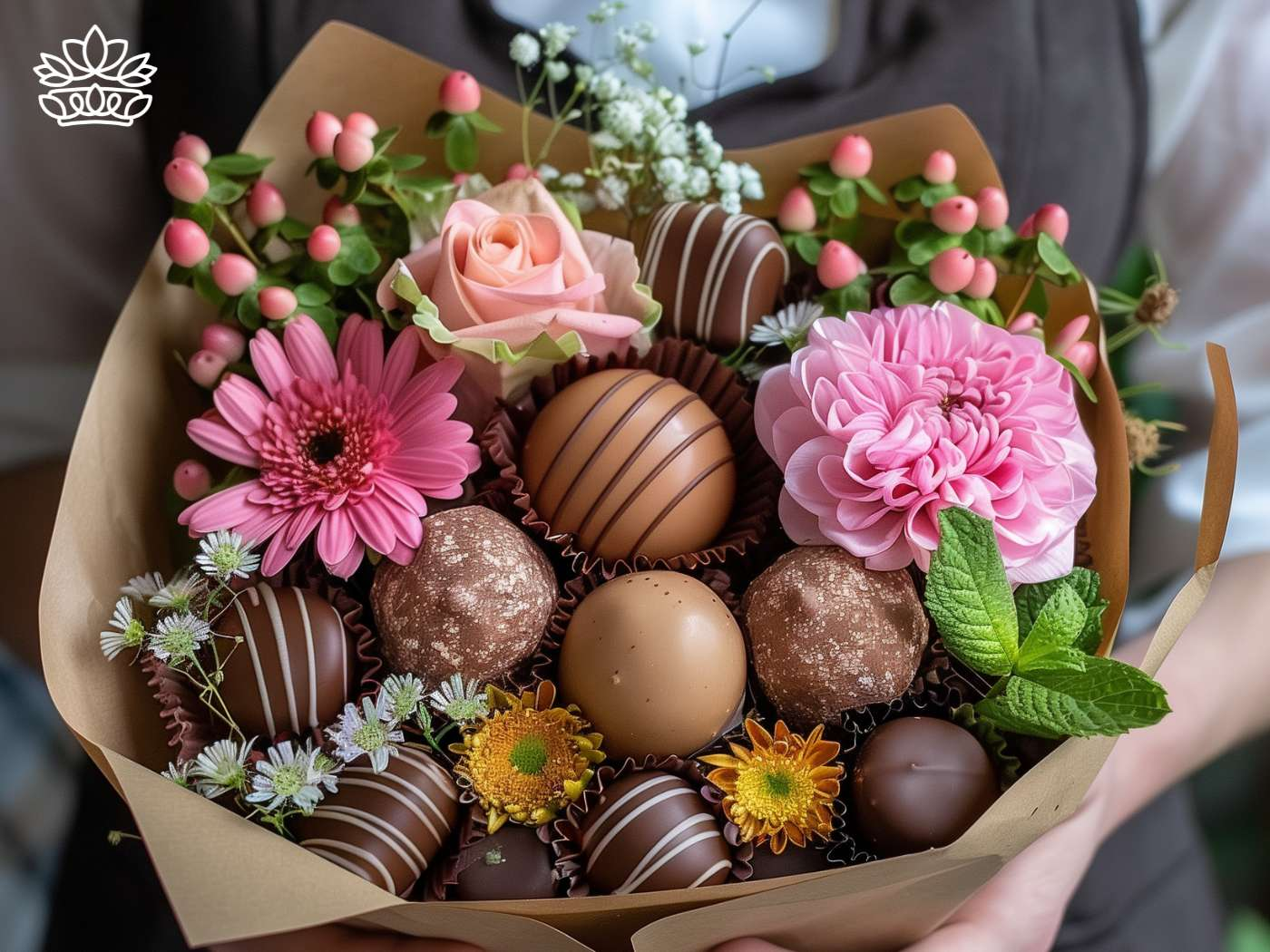 Assortment of Milk Chocolate and Sweets in a Gift Box Collection, accented with vanilla and coffee flavours, alongside macadamia biscuits, presented with Fabulous Flowers and Gifts for the ultimate Chocolate Lover's Gift Hamper.