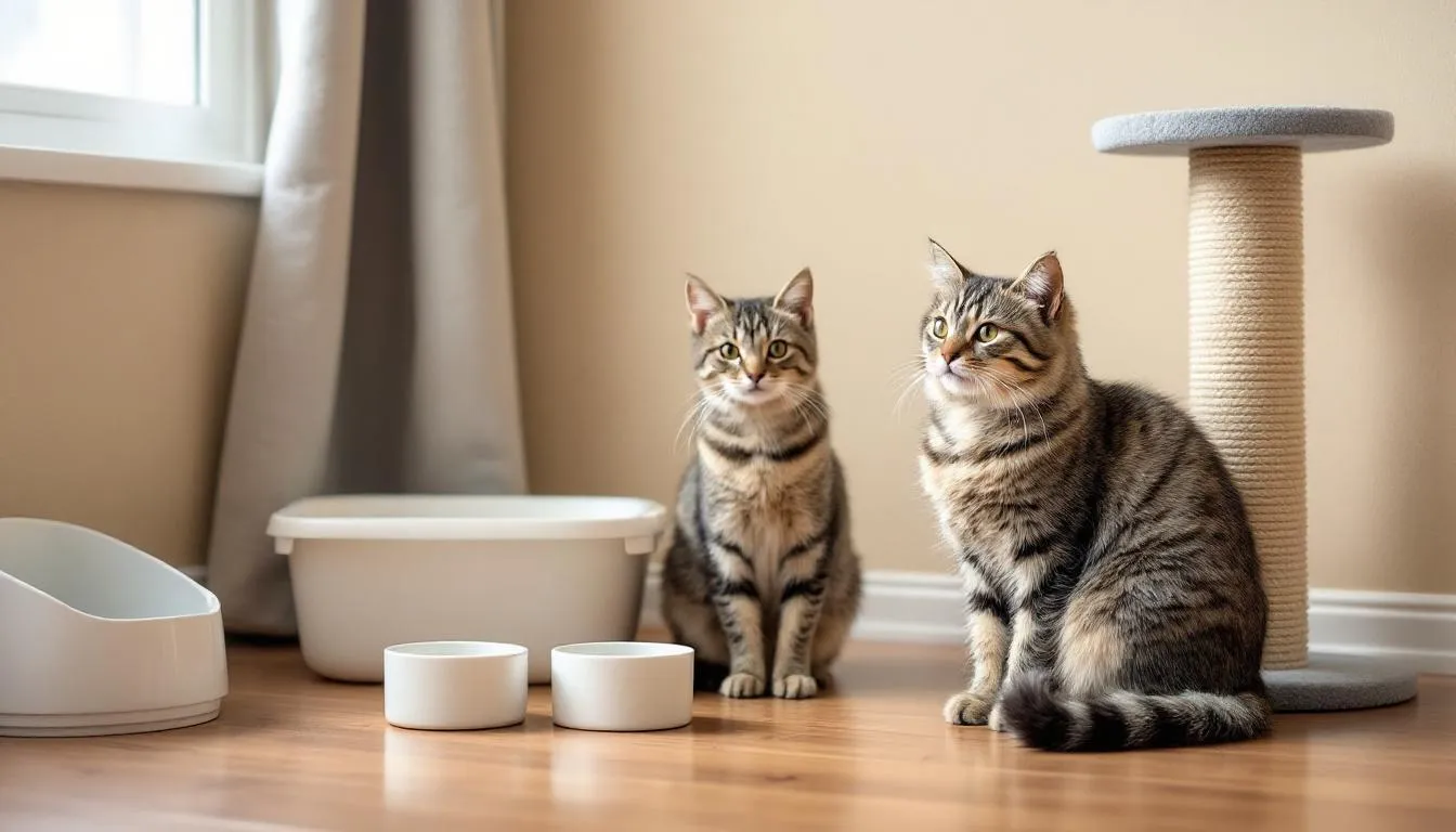 Een kat zit naast zorgvuldig uitgekozen katten benodigdheden, waaronder een kattenbak, voer- en drinkbakken, en een krabpaal. Deze producten zijn essentieel voor het welzijn van de kat en passen perfect in de omgeving van het huisdier.