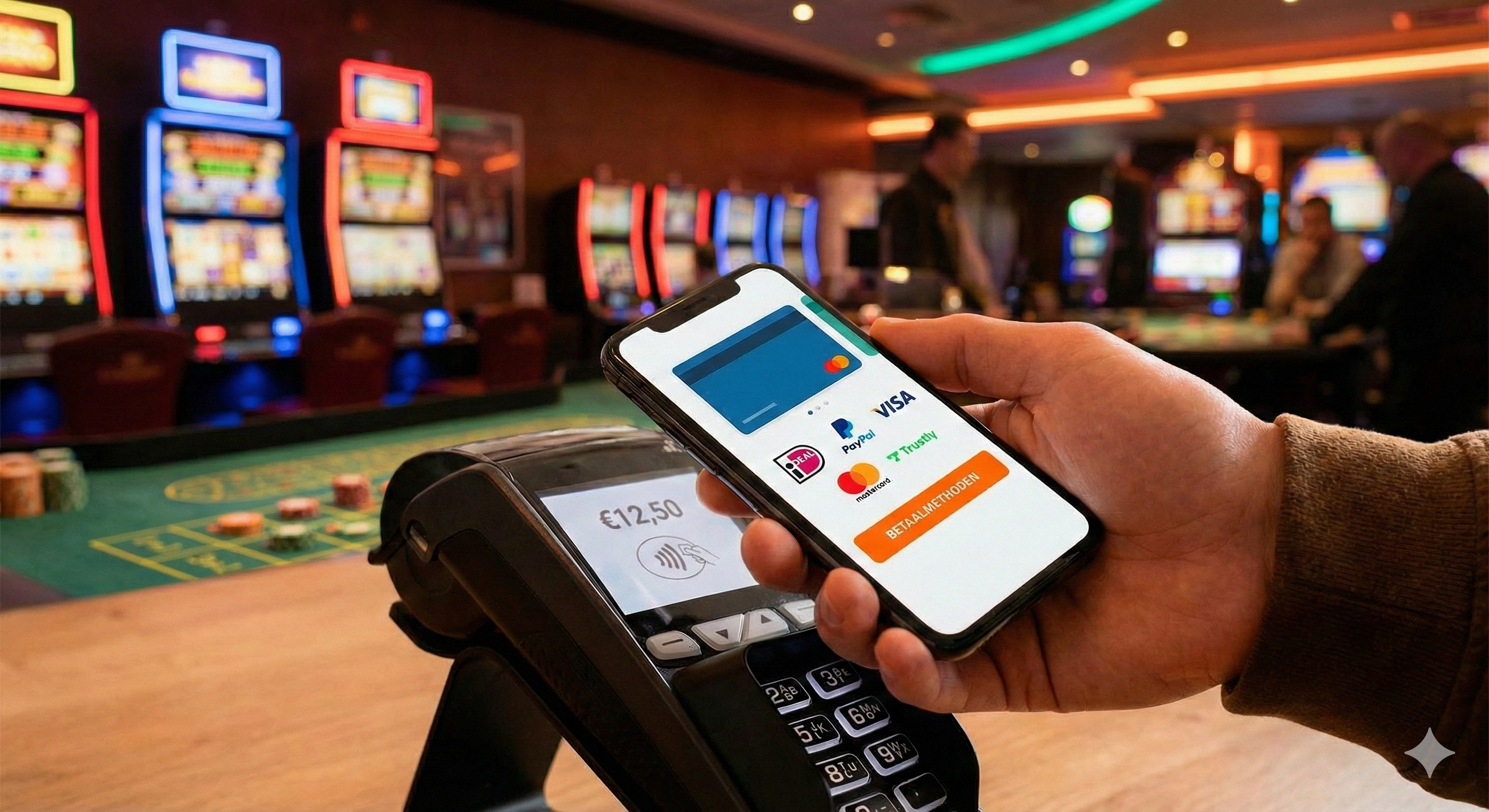 Mobiele betaling bij een online casino: smartphone met betaalmethoden zoals iDEAL, Visa en Trustly bij een betaalterminal in een casino.