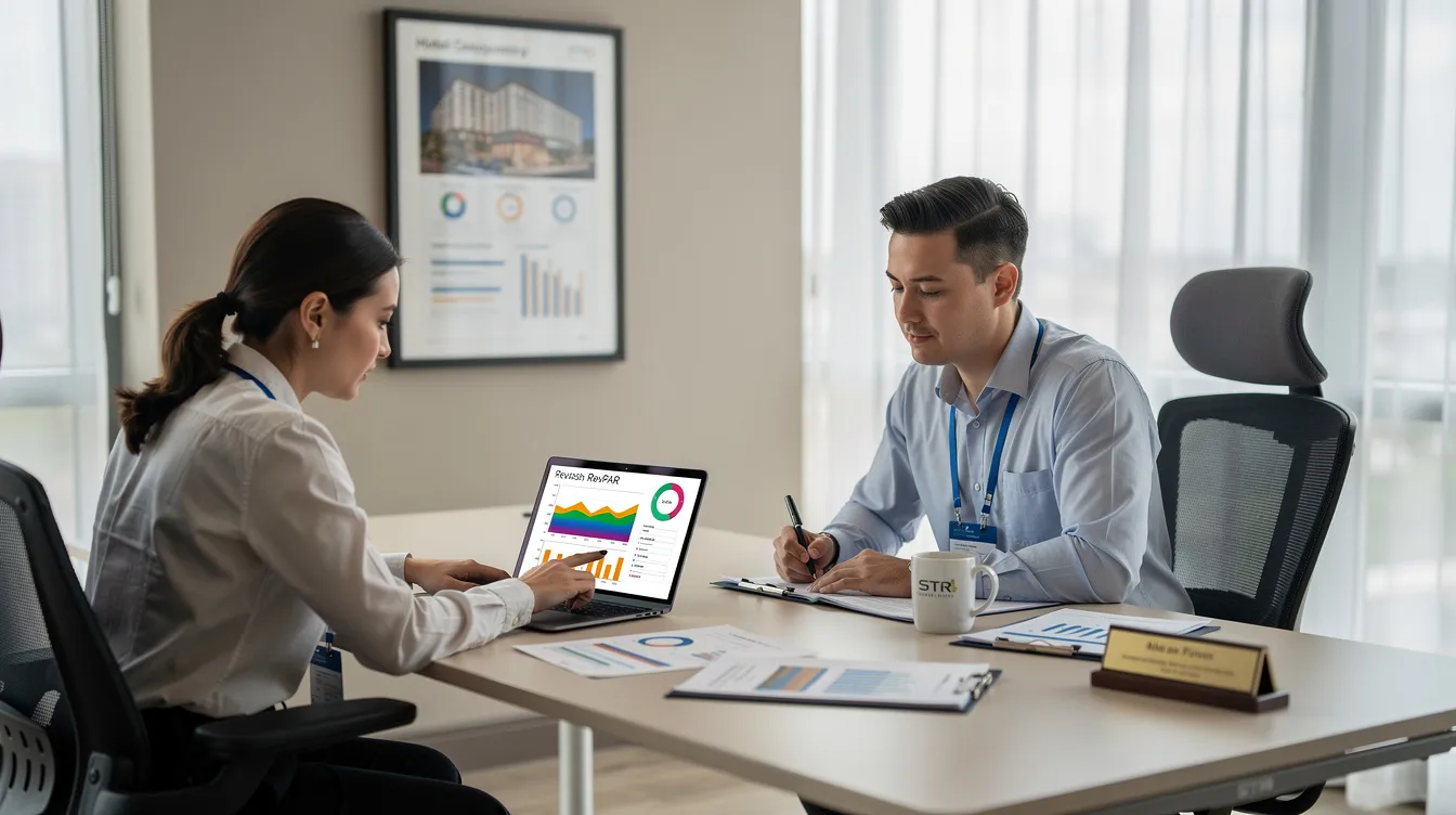 In an office setting, hotel revenue managers are analyzing performance data on a laptop, focusing on key metrics such as average occupancy rates, total revenue, and pricing strategy to enhance the hotel's financial performance. The scene reflects a collaborative environment where they discuss strategies to increase room revenue and optimize occupancy rates.
