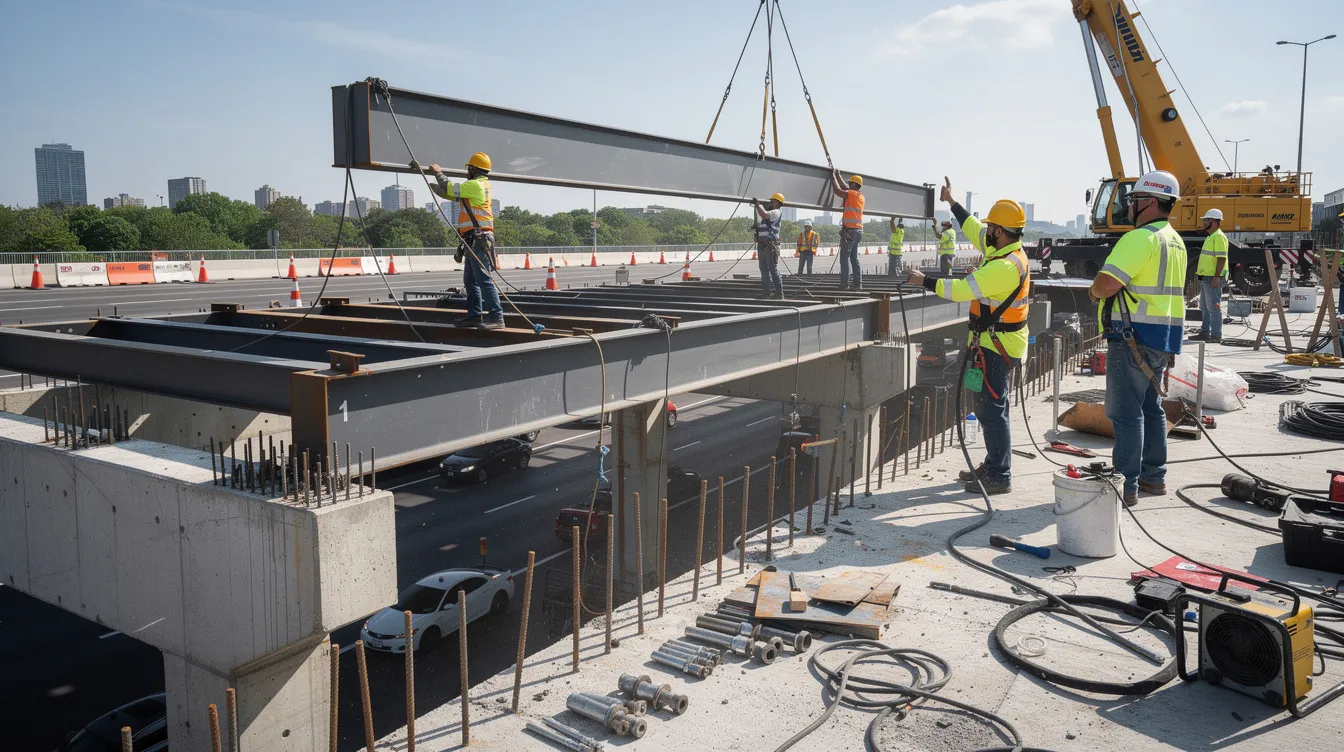 A group of construction workers is diligently installing steel beams on a highway bridge project, part of a larger federally funded infrastructure project. This effort demonstrates compliance with the Buy America Act, ensuring that construction materials meet domestic content procurement preferences while addressing potential supply shortages.