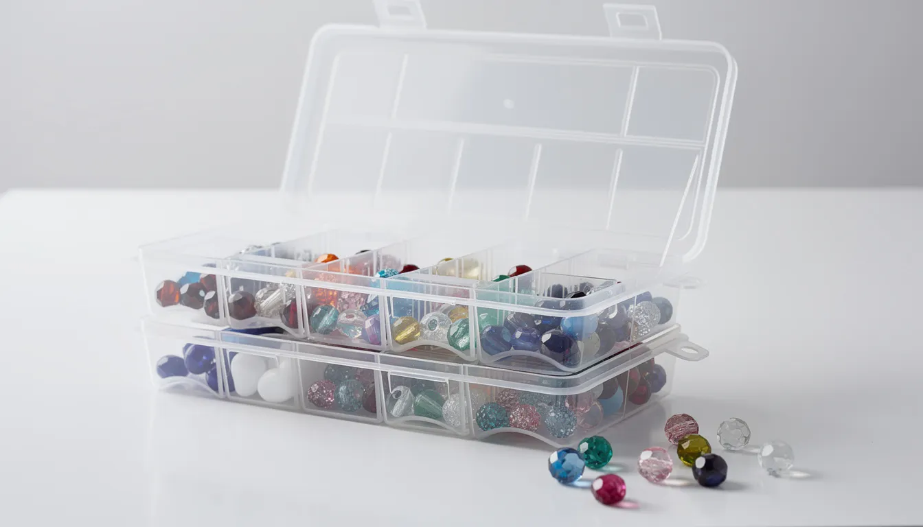The image features a clear plastic bead storage box with adjustable dividers and a secure lid, designed to keep beads organised and prevent spills. It showcases various compartments, some with rounded bottoms for easy access to individual beads, highlighting the importance of durable construction for jewellery making supplies.