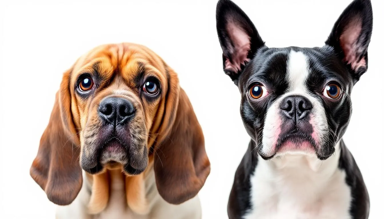 In the image, a Basset Hound and a Boston Terrier are positioned side by side, illustrating two dog breeds that are predisposed to developing glaucoma. Both dogs exhibit healthy eyes, but their breed characteristics highlight the importance of monitoring for conditions like primary or secondary glaucoma, which can lead to increased intraocular pressure and vision loss.