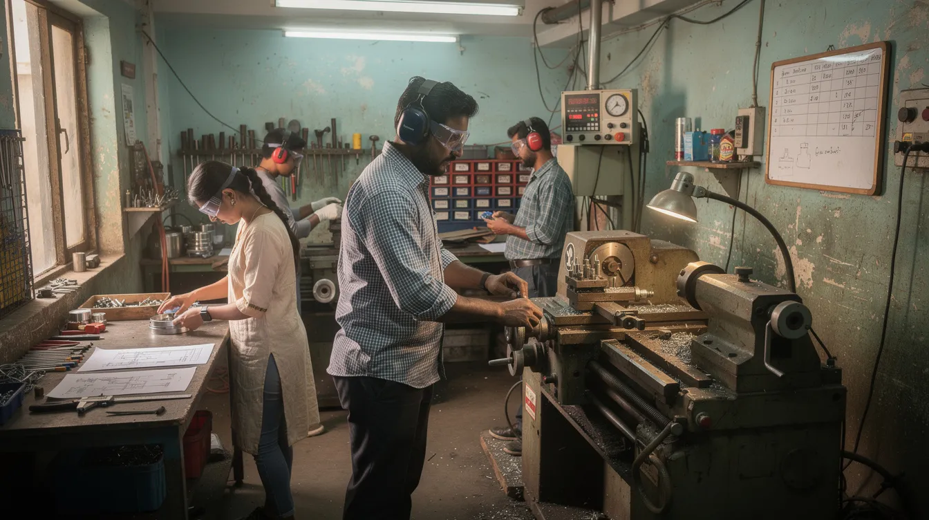 ab4395e3 cb6b 478a 8c40 d537f3393ae2 The image depicts Indian entrepreneurs actively operating machinery in a small manufacturing workshop, showcasing their dedication to micro enterprises. These individuals are likely beneficiaries of financial assistance through mudra loans, reflecting their commitment to building a successful business with a satisfactory credit track record.
