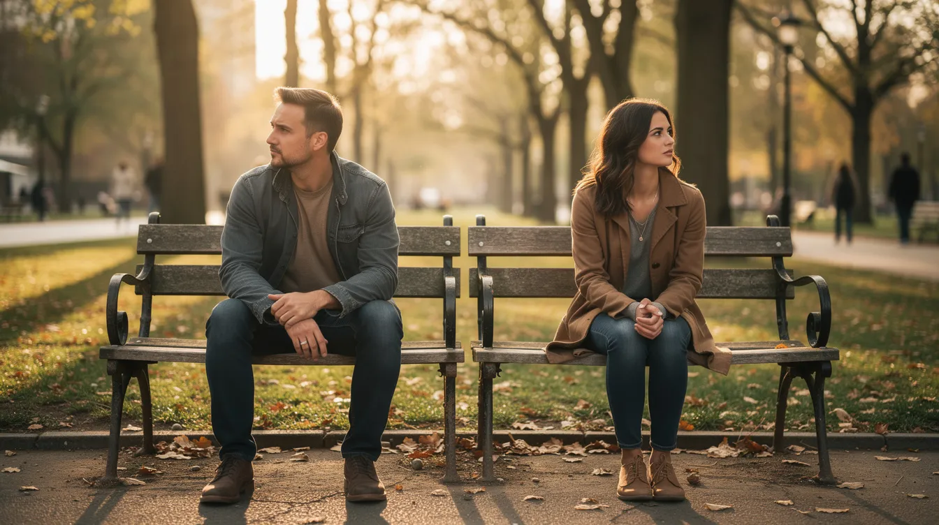 The image depicts a couple sitting on opposite ends of a park bench, both gazing in different directions with thoughtful expressions, suggesting a moment of contemplation about their relationship's future and possible incompatibilities. Their body language reflects a disconnect that may stem from differing core values and communication styles, highlighting the importance of addressing underlying issues for a healthy relationship.