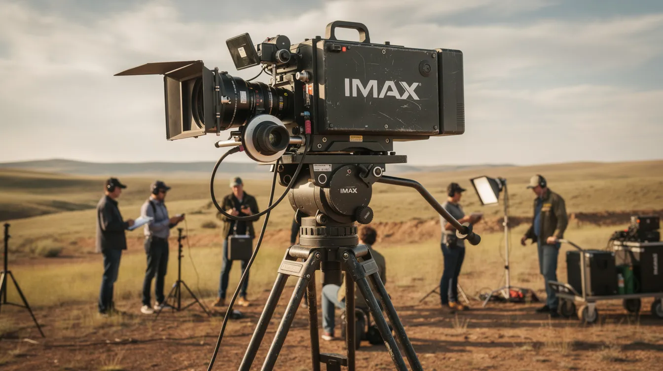Eine IMAX-Filmkamera steht auf einem Stativ in einer weiten Landschaft, während Crew-Mitglieder im Hintergrund beschäftigt sind. Diese Szene könnte aus einem Science-Fiction-Film stammen, der an die Werke von Christopher Nolan erinnert, wie zum Beispiel "Interstellar".