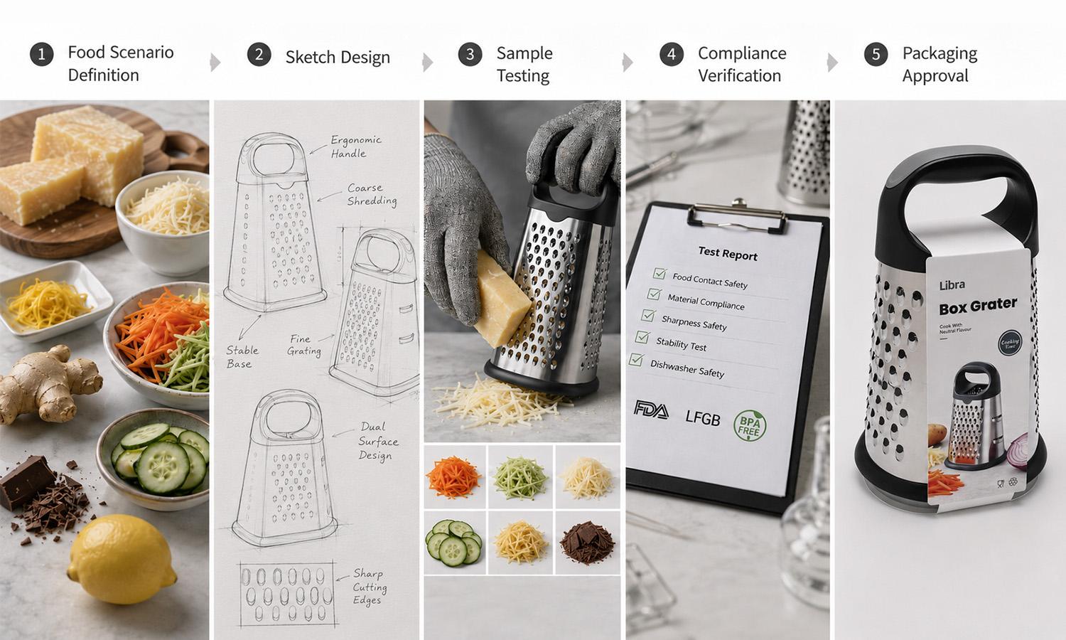 Cheese grater OEM/ODM food scenario and blade-design process.