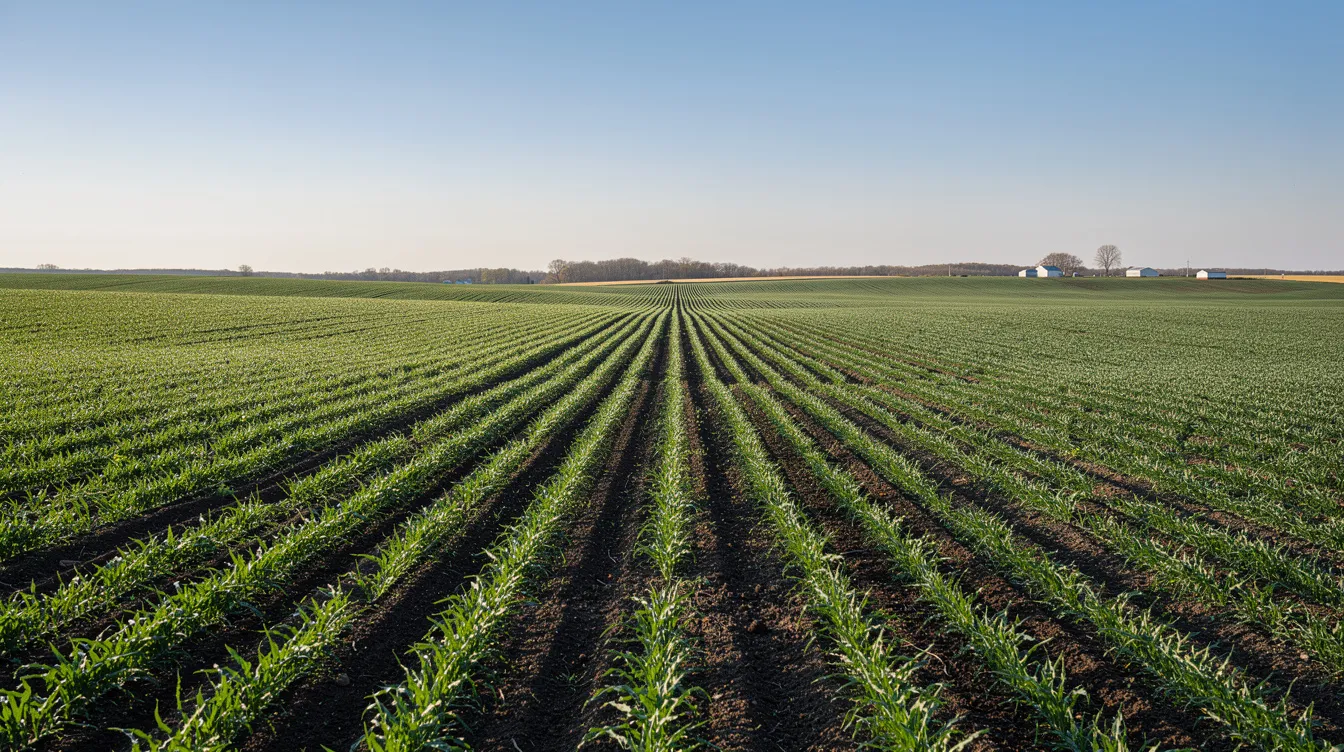 A vast agricultural field in the American Midwest showcases rows of vibrant green crops under a clear blue sky, typical of North Dakota's farming landscape. This serene scene reflects the region's agricultural richness, where crops thrive under favorable conditions.