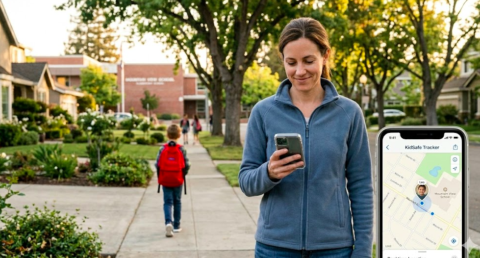 Parent monitoring child's location on GPS tracking app while child walks to school