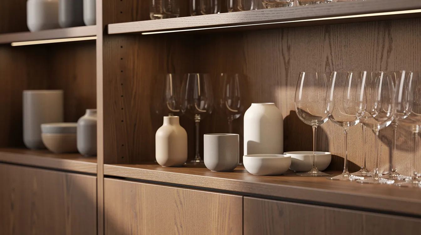 Close-up van een open kast met warme houten planken, waarin stijlvolle opbergers en keramische accessoires in aardse tinten zijn geplaatst. De kast straalt een rustig kleurenpalet uit en bevat kleine groepjes van persoonlijke items, waaronder een mooie vaas en een stapel boeken.
