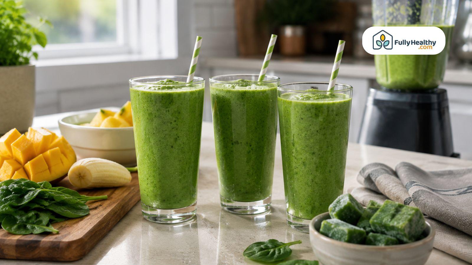 Green smoothies in glasses with frozen spinach cubes and fresh fruit