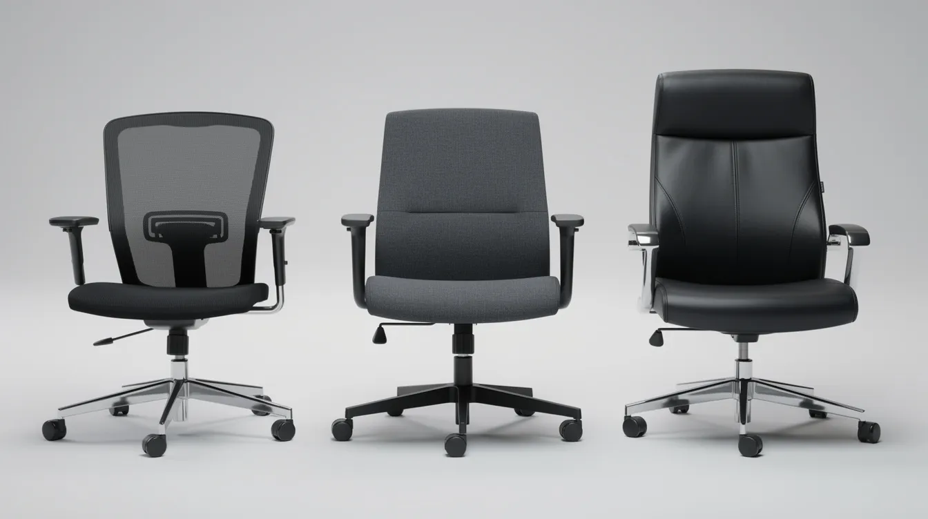 Tre olika kontorsstolar står sida vid sida, var och en med unika material som mesh, tyg och läder. Stolarna erbjuder ergonomisk design med justerbara funktioner för att ge bra stöd åt rygg och kropp, vilket gör dem perfekta för långa timmar vid skrivbordet.