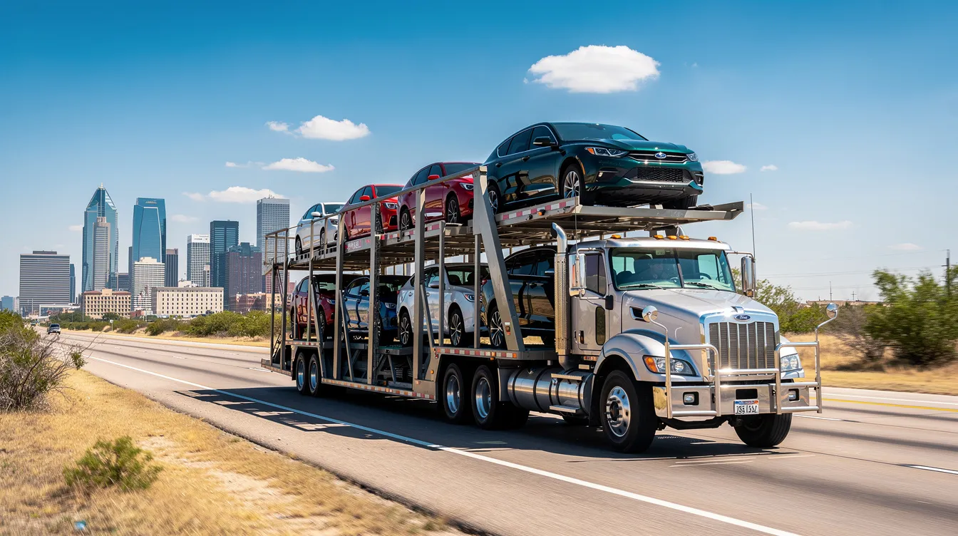 A large vehicle carrier truck is driving along a Texas highway, with a vibrant urban skyline visible in the background. This scene highlights the essential role of auto transport services, such as Fort Worth car shipping, in facilitating vehicle transport across major cities.