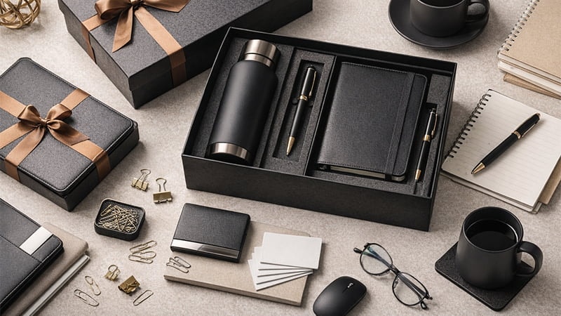 Luxury corporate gift set with black notebook, pen, bottle and mug in premium packaging on an office desk