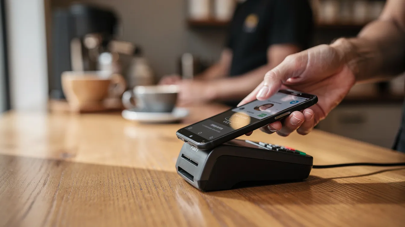 A person is tapping their Android smartphone on a contactless card reader at a coffee shop counter in the UK, utilizing Google Pay for a quick and secure transaction. The contactless symbol is visible on the reader, indicating the ease of making payments without needing to use cash or a physical card.
