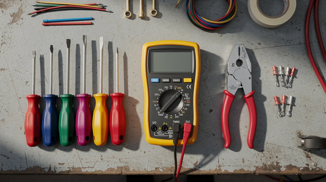 The image features a variety of essential electrical tools, including wire strippers, a multimeter, and screwdrivers, neatly arranged on a work surface, showcasing the equipment commonly used by professional electricians for various electrical work. This setup highlights the importance of having the right tools for safe and efficient installation and maintenance tasks.