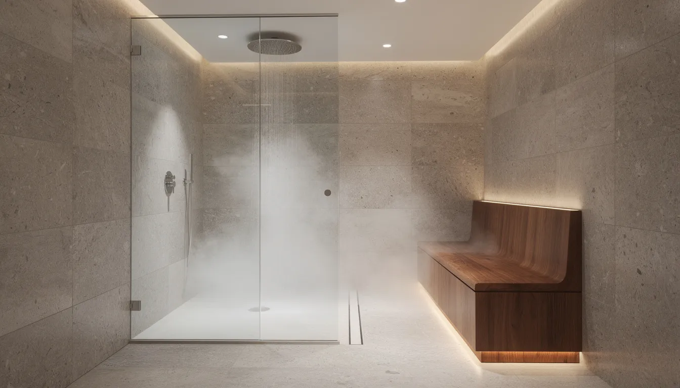 This image features a glass-enclosed steam shower that embodies a spa-like atmosphere, complete with a built-in teak bench and a luxurious rainfall showerhead. The stone tile walls are illuminated by ambient lighting, creating a serene and relaxing environment perfect for self-care and bathroom inspiration.
