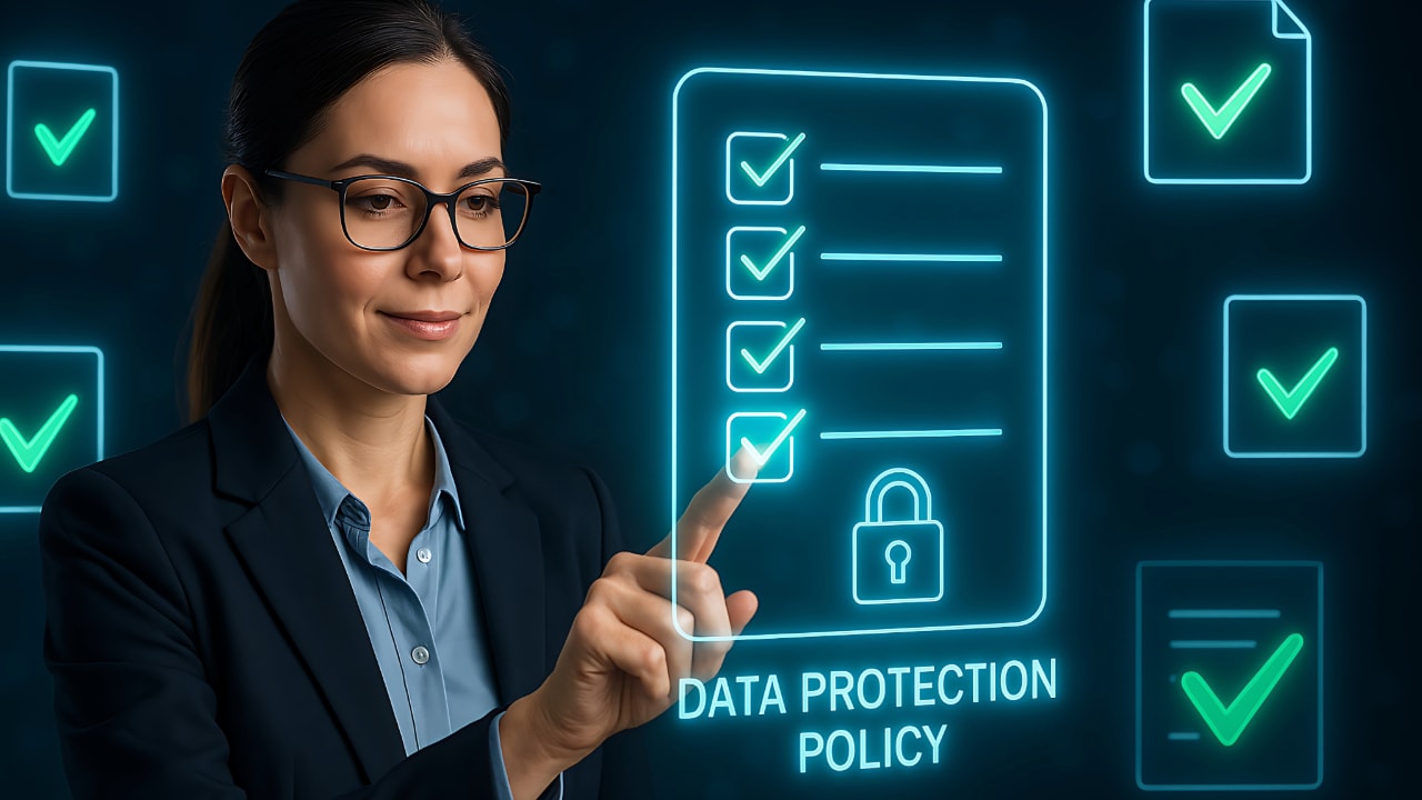 data protection policy virtual image, woman creating information security policies