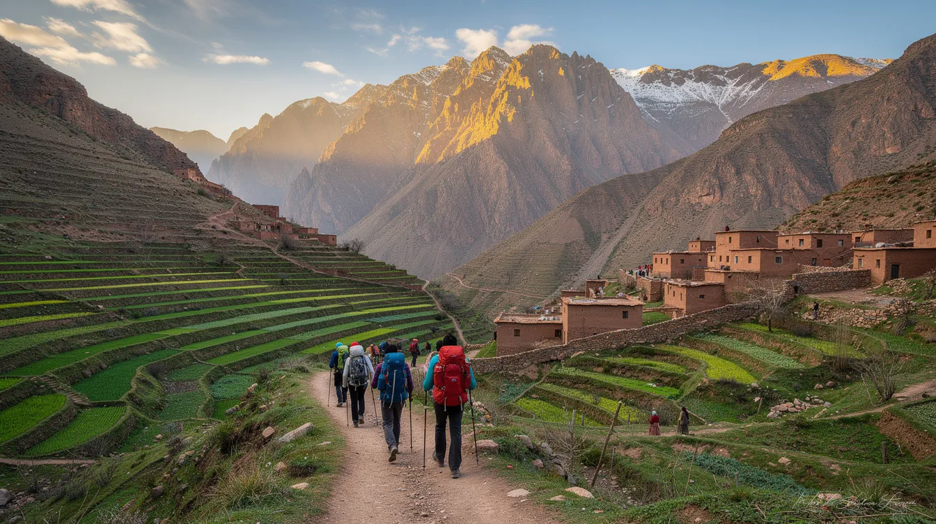 A group of hikers traverses the lush, green terraced valleys of the High Atlas Mountains, surrounded by traditional Berber villages. This picturesque scene captures the essence of outdoor activities in Morocco, showcasing the pleasant weather and comfortable temperatures ideal for exploring this beautiful region.