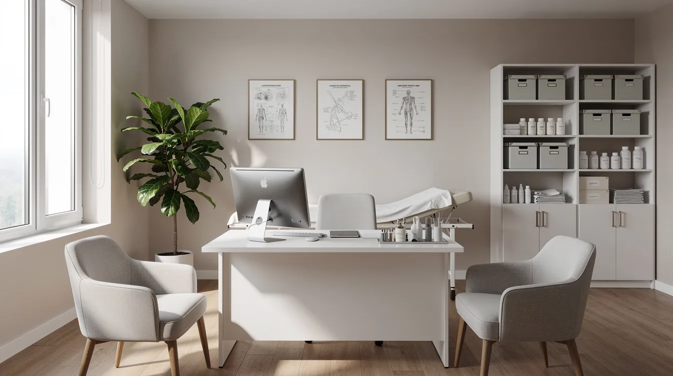 The image depicts a serene and well-organized consultation room in a medical clinic, illuminated by natural light, creating a welcoming environment for discussions about treatment options such as inverted nipple correction surgery. This space is designed to ensure comfort and privacy for patients seeking solutions for conditions like inverted nipples or breast health concerns.